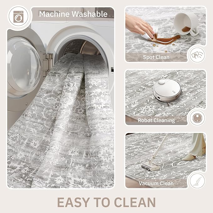 Soalmost 8x10 Area Rugs for Living Room, Washable Bedroom Soft Rug Grey | Vintage Floral Non-Slip Low Pile Stain Resistant Throw Large Neutral Carpet for Dining Room Kitchen Home Office 8'x10'