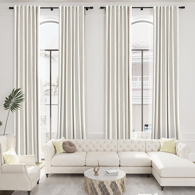 Joywell 100% Blackout Extra Long Linen Curtains 142 Inch Long for Bedroom Natural Black Out Curtain 2 Panel Back Tab Light Blocking Drapes for Living Room Large Window Cream Ivory 52 x 142