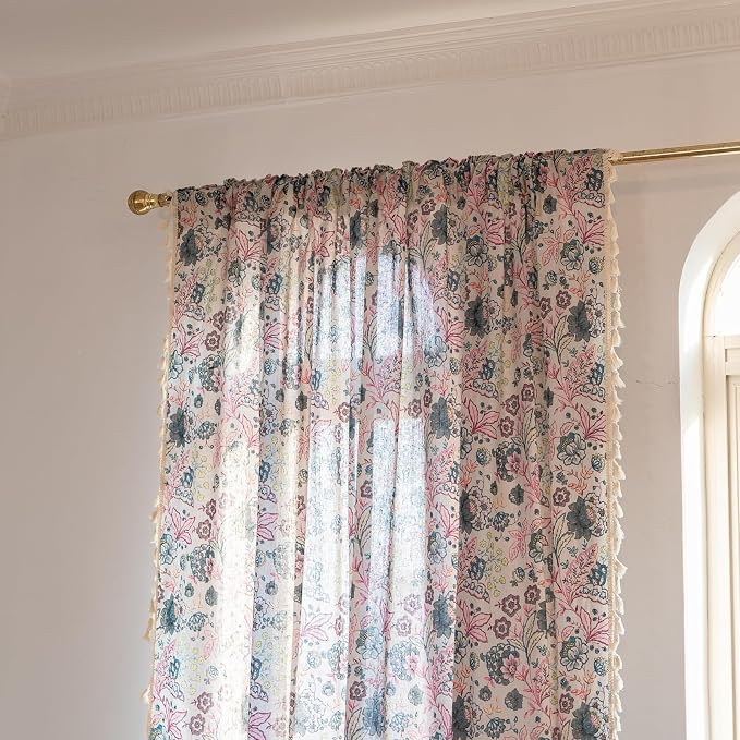OYX Boho Crochet Curtains 96 Inch Length 2 Panels for Living Room, Bedroom Light Filtering Drapes, Farmhouse Vintage Country French Rustic Tassels Pattern Rod Pocket Aesthetic Decor Window Treatments