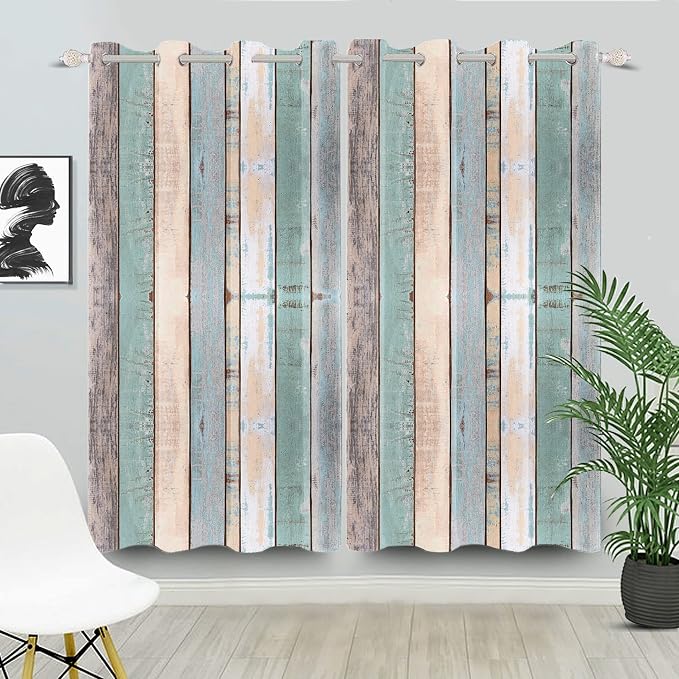 Rustic Wood Barn Door Curtains Kitchen Curtains Vintage Farm Style Colorful Wooden Planks Window Curtains Wood Boards Room Darkening Window Drapes for Living Room Bedroom,42x84 inch,2 Panels