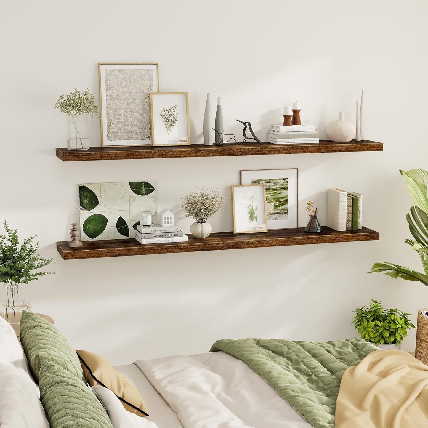 Fun Memories 72 Inch Floating Shelves for Wall 2 Pack Shelves for Bedroom|Kitchen|Bathroom 72 x 9.3 Inch Wood Floating Shelf with Invisible Brackets for Books|Storage|Decor, Rustic Brown