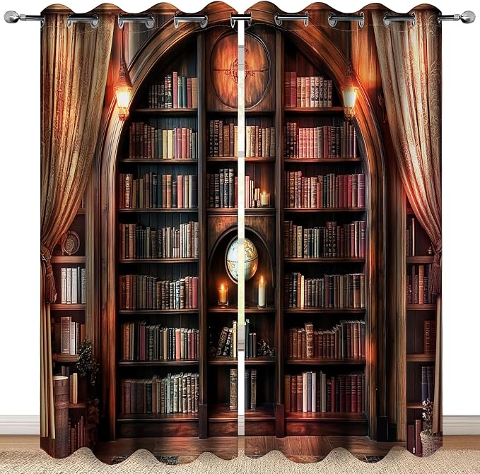 MissHope Vintage Bookshelf Blackout Curtains Book Bookcase Planet Decor for Bedroom Study Classroom Living Room Darkening Grommet Window Drapes 2 Panel Set, 42x63 Inch