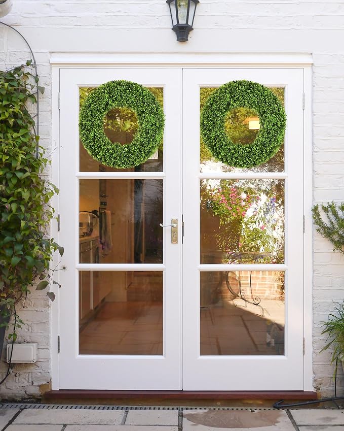 DDHS 19''Boxwood Wreaths for Front Door，Artificial Spring Wreaths for Farmhouse Wedding Green Year Round Indoor Outdoor for Fall Summer Christmas Wreath Home Decorations-Green