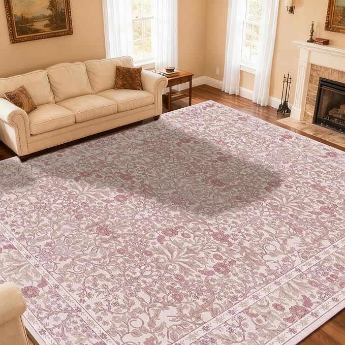 Extra Large 10x14 Area Rug for Living Room, Washable Rugs for Dining Room, Bedroom, Non Slip Stain Resistant Carpet, Low Pile Vintage Floral Rug (Pink)