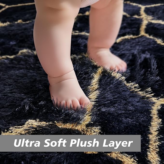 Shag Area Rug for Bedroom 4x6,Fluffy Area Rugs for Living Room,Geometric Soft Fuzzy Rug Non-Shedding Indoor Plush Carpet for Kids Bedroom Nursery Dorm Home Chiristmas,Black and Gold