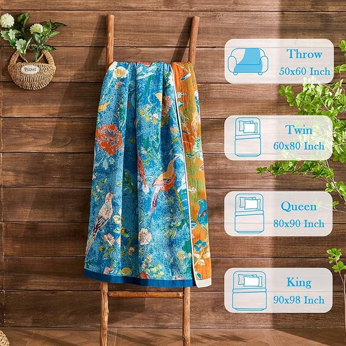 Boho Throw Blanket 100% Cotton Muslin Woven Blanket Bohemian Bed Throws Vintage Rustic Farmhouse Decor Reversible Bed Blanket Quilt for All Seasons（Blue 90"x98"）