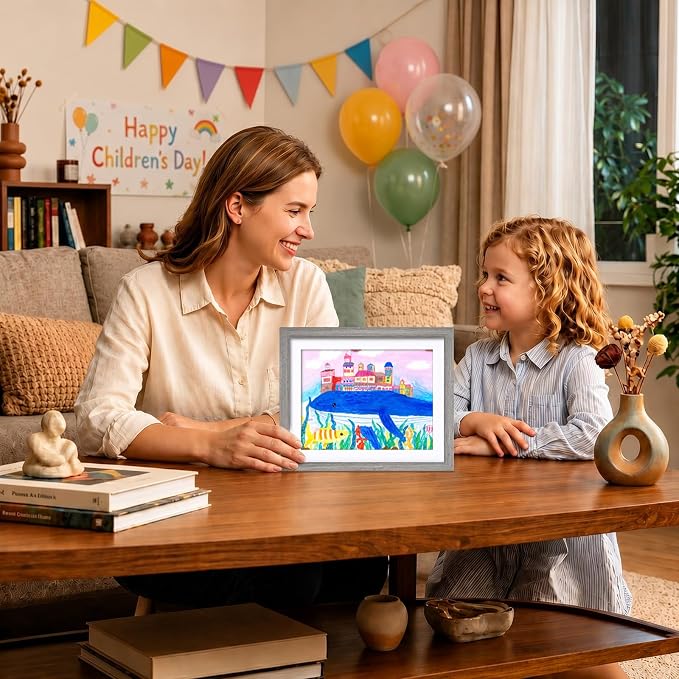 KINLINK 10x12.5 Kids Art Frame 2 Pack, Solid Wood Artwork Frames Changeable, Front Opening Hold 150 Pictures, Art Frames for Kids Artwork, 8.5x11 with Mat 10x12.5 without Mat, Picture Frames Grey