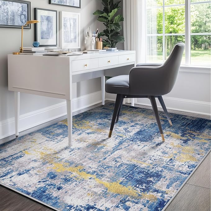 RELEANY Washable Area Rugs 6'x9' Non-Slip Modern Abstract Soft for Living Room Entryway Bedroom Kitchen, Print Pattern, Grey Blue Gold/Golden