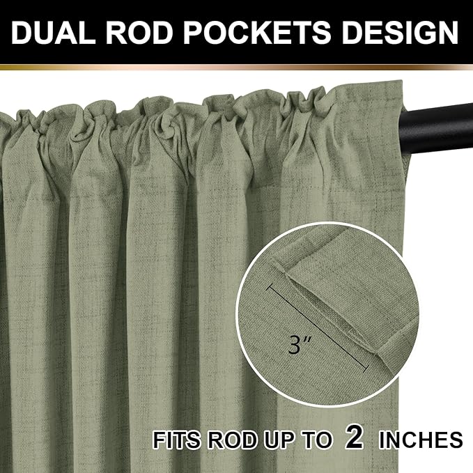 100% Blackout Shield Full Blackout Curtains for Bedroom 120 inch Length 2 Panels Set, Clip Rings/Rod Pocket Faux Linen Black Out Curtains for Living Room, Thermal Insulated, 50Wx120L, Light Sage