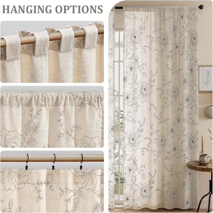Boho Floral Curtains, Vintage Farmhouse Curtains 84 Inches Long, Grey Cottage Core Flower 2 Panels