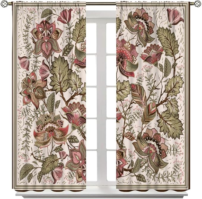 Vintage Floral Blackout Curtains, Bohemian Plant and Leaf Print, Blackout and Insulated Curtains for Bedrooms, Living Rooms, and Darkrooms63X63 Inch