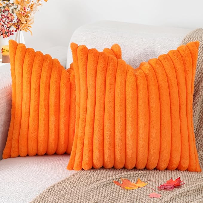 Pallene Faux Fur Plush Fall Throw Pillow Covers 16x16 Set of 2, Luxury Soft Fluffy Striped Decorative Pillow Covers for Sofa, Couch, Living Room, Burnt Orange