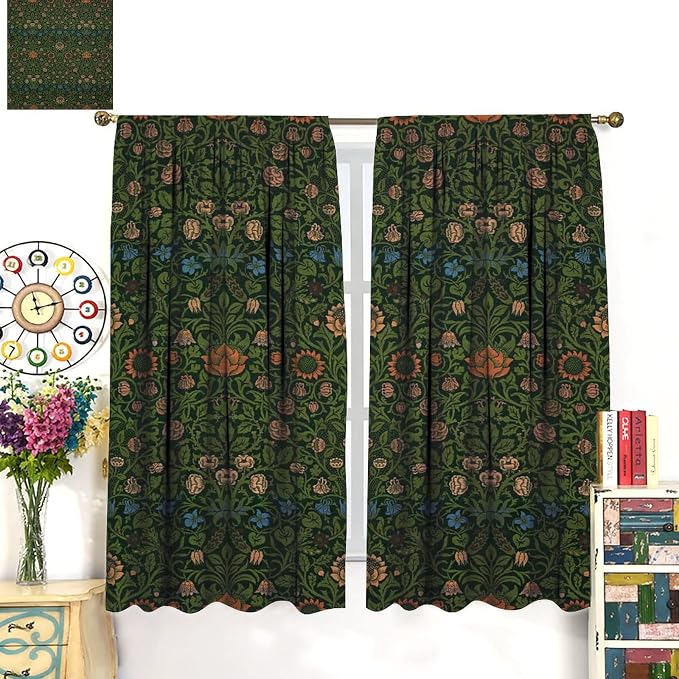 Bohemia Plant Flowers Pattern Blackout Window Curtains, William Morris Art Print Vintage Decor Curtains, for Living Room Bedroom 27.5(W)*63(L) 2 Panels