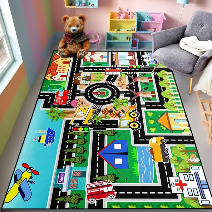 Car Rug Play Mat - Road Rug for Boys Room, Fun Race Track Traffic Road Carpet for Boys Playmat Educational Learn, Car Carpet for Room Decor Playmat Bedroom Playroom, 4.5x6 Feet