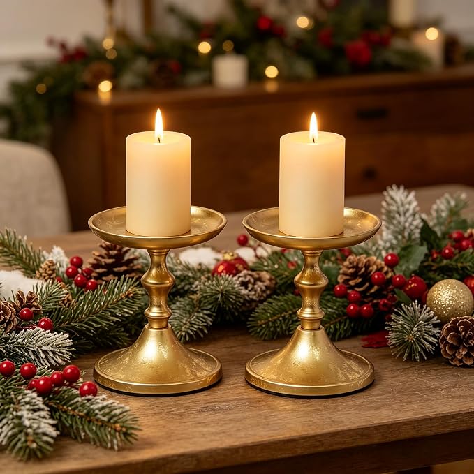 Hosley Aluminum Metal Decorative Pillar Candle Holder Gold Finish Set of 2 for Candles or Display, 5Inch High - Ideal for Weddings, Parties, Events, Home Decor, Gifts, Elegant