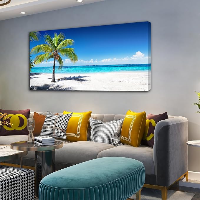 Baisuart Large Canvas Wall Art Summer Ocean Waves Coconut Trees on Sands Beach Seascape Painting Sea Nature Pictures for Living Room Home Office Wall Decor Artwork XXLarge 30x60inch