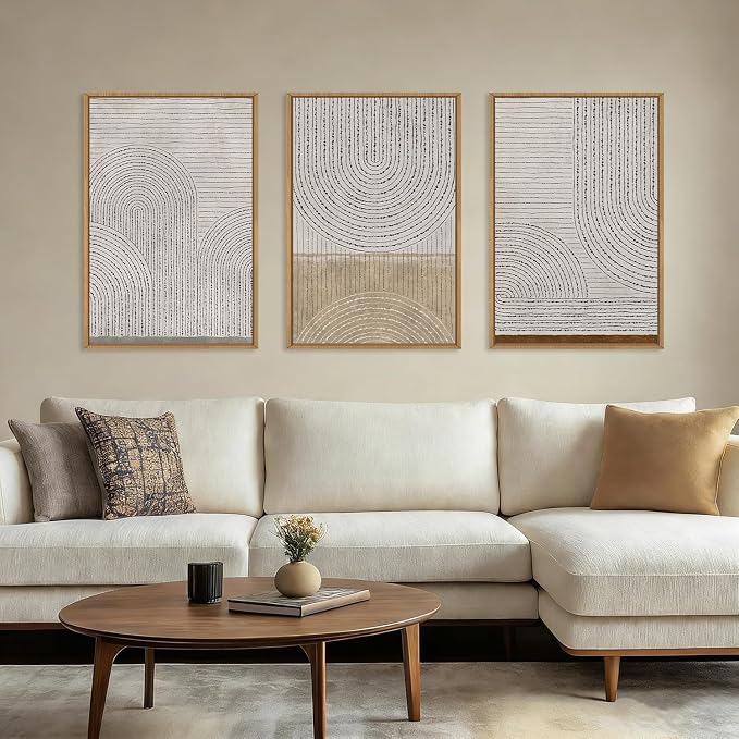 Large Neutral Spiral Circles Framed Canvas Wall Art,Boho Beige Geometric Wall Decor,Modern Abstract Arch Artwork,Mid Century Minimalist Art Print for Living Room,Bedroom,Office- 16"x24"x3