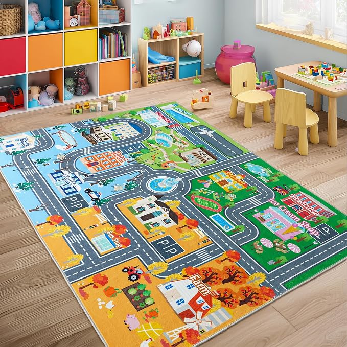 Car Rug Play Mat for Kids Toy Cars, 4' x 5' Town City Track Road Carpet, Non-Slip Machine Washable Town City Track Road Rugs Four Seasons Theme Traffic Mat for Kids Room Bedroom Game Safe Area
