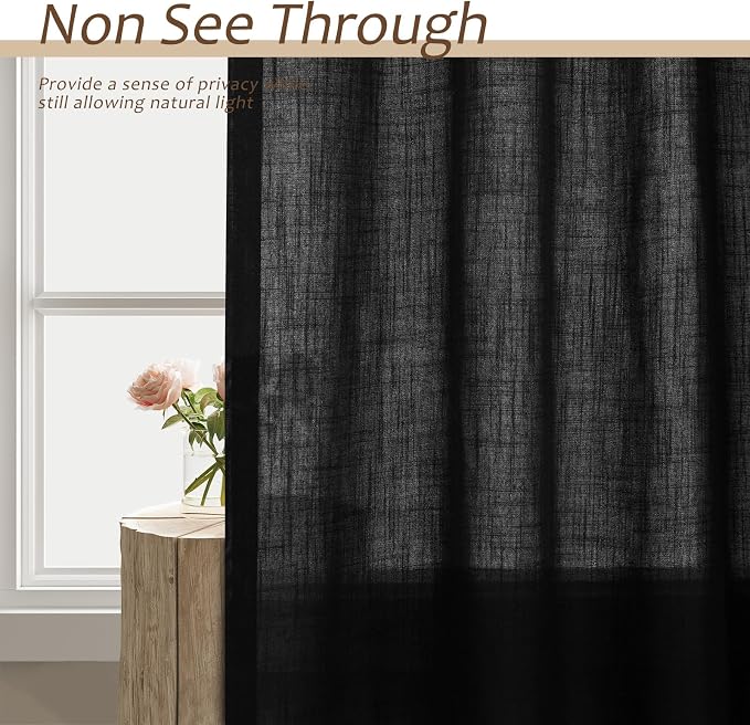 Black Curtains 96 Inches Long Cotton Linen Rod Pocket Back Tab Semi Sheer Black Drapes Privacy Light Filtering Lightweight Aesthetic Modern Elegant Boho Window Curtains 2 Panel Sets for Living Room