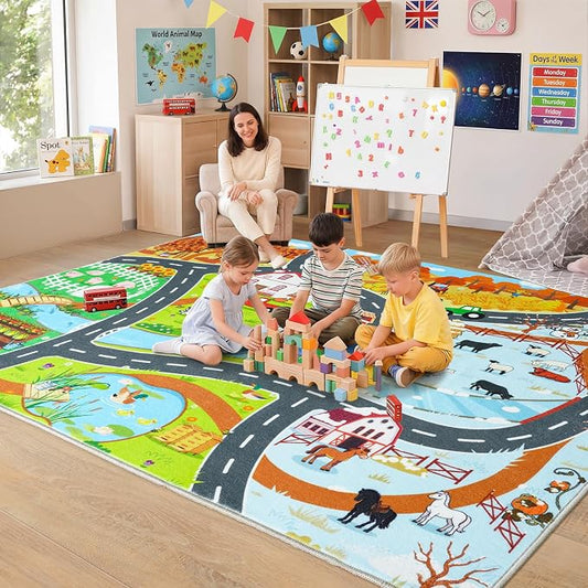 Car Rug Play Mat for Kids Toy Cars, 8' x 10' Town Country Barn Track Four Seasons Farm Theme Traffic Carpet, Non-Slip Washable Area Rug for Kids Room Bedroom Play Area, Fun Learning Rugs for Children
