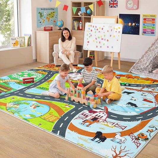 Car Rug Play Mat for Kids Toy Cars, 7' x 9' Town Country Barn Track Four Seasons Farm Theme Traffic Carpet, Non-Slip Washable Area Rug for Kids Room Bedroom Play Area, Fun Learning Rugs for Children