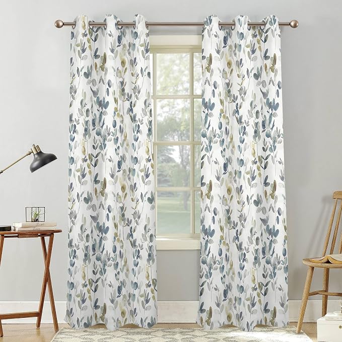 Renaiss Botanical Herbs Blackout Curtains, Vintage Eucalyptus Leaf Thermal Insulated Bedroom Window Curtains, Classical Gray Plants Window Drapes for Living Room, 108" L x 53" W 2 Panel Set