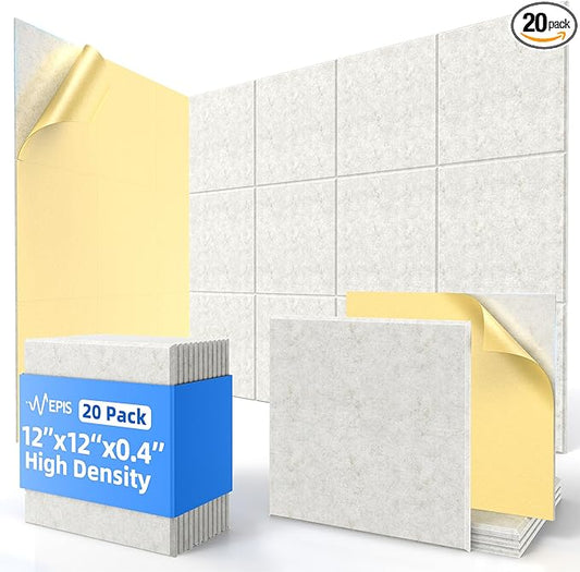 20 Pack Acoustic Panels with Self Adhesive, 12" X 12" X 0.4" High Density Sound Proof Foam Panels for Walls, Soundproof Wall Panels, Square Sound Absorbing Panels for Home Studio Office Decor - Ivory