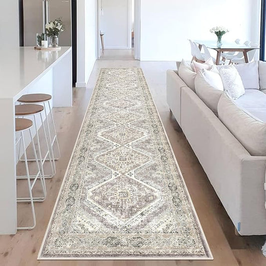 KUTA Oriental Medallion Washable Runner Rug 2.6x14 Ivory Grey Yellow Brown, Non-Slip Hallway Kitchen Rugs with Rubber Backing, Ultra Soft Printed Distressed Farmhouse Long 14ft Runners for Bedroom