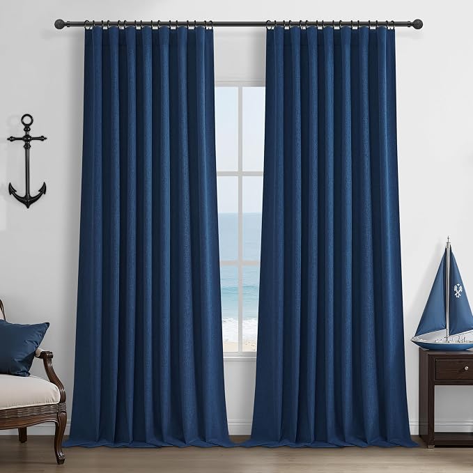 Navy Blue Blackout Curtains 102 Inch Length for Boys Rooms/Bedroom, Floor to Ceiling Track Pleated Drapes with Hooks Linen Thermal Coastal Curtain Dark Blue Window Burg 50"Wx102"Lx2Panels Back Tab