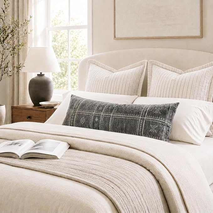 BlissBlush Decorative Lumbar Pillow Cover 14x36, Long Decorative Throw Pillow for Bed, Dark Gray Boho Textured Chenille Accent Pillowcase for Bedroom Home Décor (Cover Only)