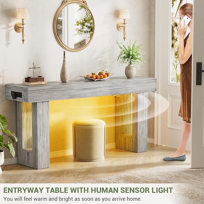 Unikito 63'' Farmhouse Console Table with Power Outlets and Sensor Light, Wooden Entryway Table with Storage, Rectangular Sofa Tables Behind The Couch for Entrance, Hallway, Living Room, Oak