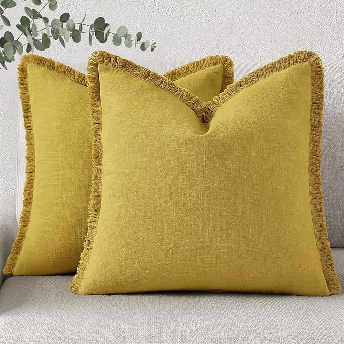 decorUhome Summer Decorative Neutral Linen Fringe Throw Pillow Covers Set of 2 Mustard Yellow Pillow Covers with Tassels Soft Farmhouse Boho Accent Pillow Cases for Couch Bed Sofa 18x18 Inch