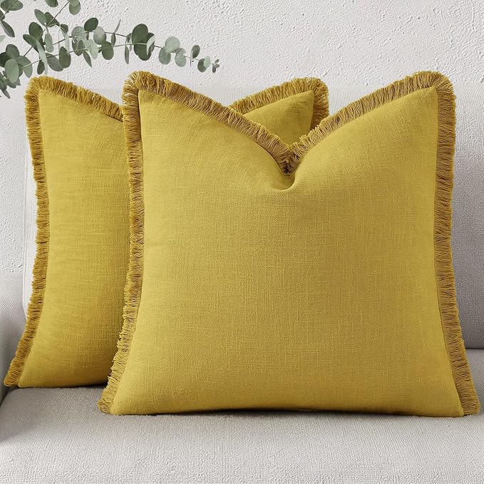 decorUhome Linen Fringe Throw Pillow Covers Set of 2 Decorative Mustard Yellow Pillow Covers with Tassels Soft Accent Boho Farmhouse Pillow Cases for Couch Bed Sofa 18x18 Inch