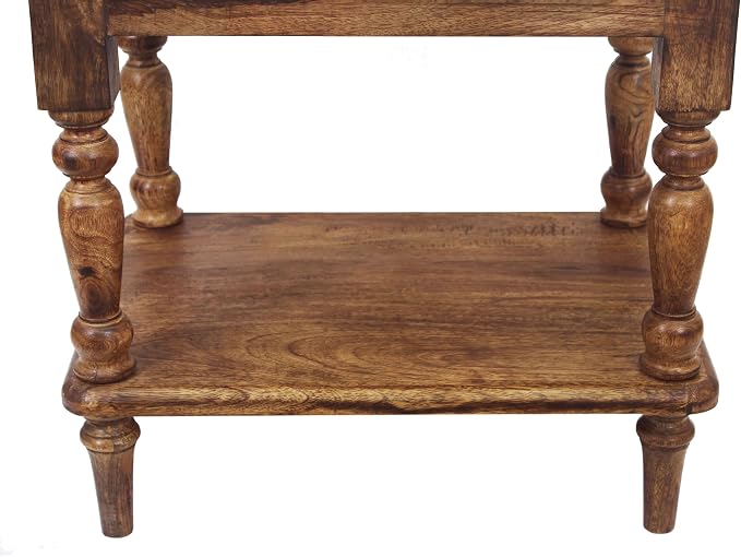 COTTON CRAFT Solid Wood End Table - Hand Carved Vintage Farmhouse Boho Side Table with Bottom Shelf - Small Spaces Entryway Living Room Bedside - No Tools Assembly - 21x16x18 - Brown