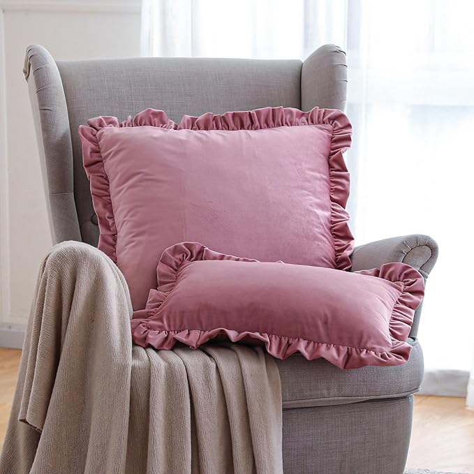 ISAENNE Vintage Dark Peach Square Throw Pillow Covers 22"x22" Set of 2, Solid Color Farmhouse Velvet Decoration Pillow Cover with Ruffles,Throw Pillow Case for Couch Sofa Bed Living Room Car