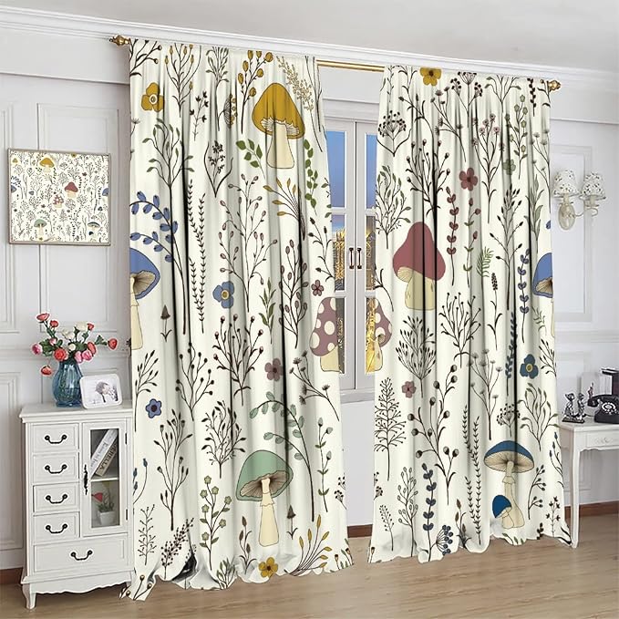 Mushroom Blackout Curtains,Colorful Plant Forest Botanical Print Window Treatments for Bedroom Living Room Kitchen Cartoon Herbs Floral Window Drapes 2 Panels Set,Total Size 42 x 45 Inch