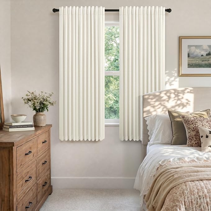 Cream Linen Blackout Curtains by Size 70 Inches Wide x 63 Inch Length Extra Wide Black Out Curtains for 72 Inches Width Bedroom Living Room Darkening Light Blocking Thermal Ivory Off White Drape 70x63