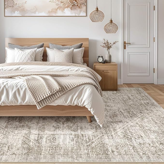 Vintage Living Room Area Rug 6x9 - Large Soft Washable Oriental Traditional Distressed Farmhouse Rugs for Bedroom - Indoor Floor Accent Carpet for Home Office House Decor - Distressed Light Brown