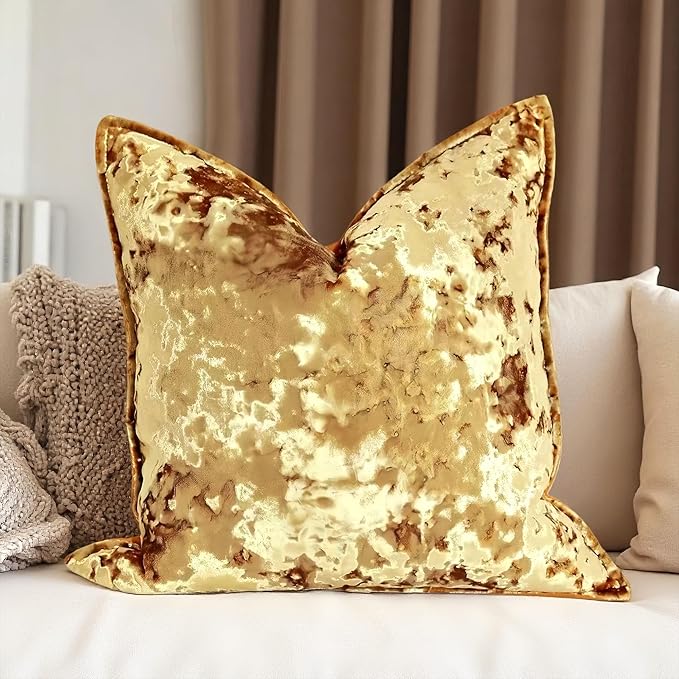 Velvet Pillow Cover Gold 18x18 Inch - Luxury Crushed Velvet Decorative Throw Pillow Case for Living Room Sofa Bed (1 Pack)