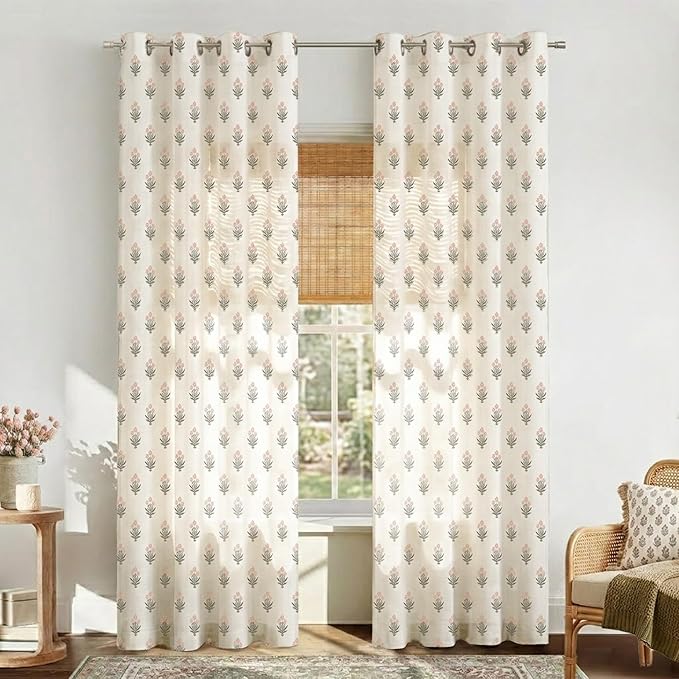 Pink Curtains 2 Panels Sheer Floral Linen Pretty Boho Shabby Chic Victorian Curtains for Living Room Bedroom Princess Girls