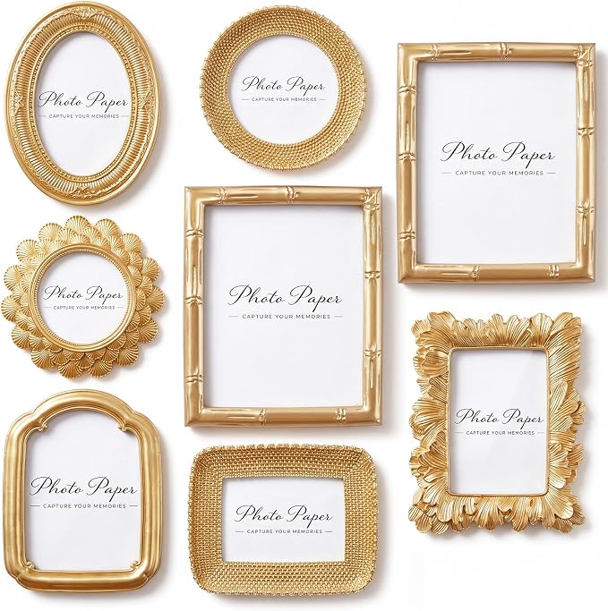8 Pcs Gold Picture Frames Set for Gallery Wall, Gold Bamboo Frames Collage Assorted Sizes 8x10, 5x7 & 4x6, Modern Ornate Victorian Royal Decor for Wall Mount & Tabletop Display