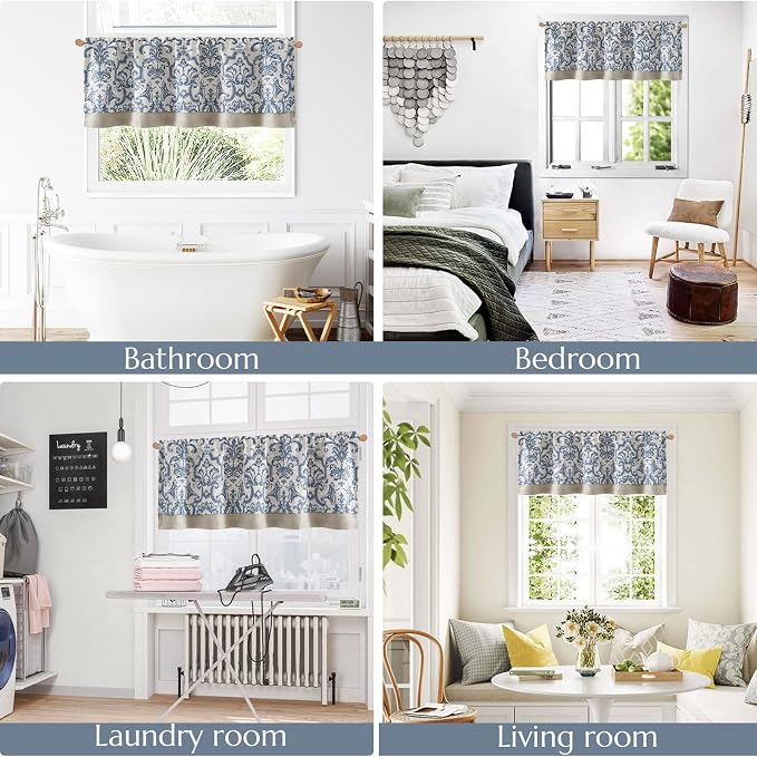 jinchan Linen Valance Curtain for Kitchen Vintage Damask Floral Blackout Valance Double Layer Small Window Curtain for Living Room Bedroom Bathroom 18 Inch Rod Pocket 1 Panel Dark Blue on Beige