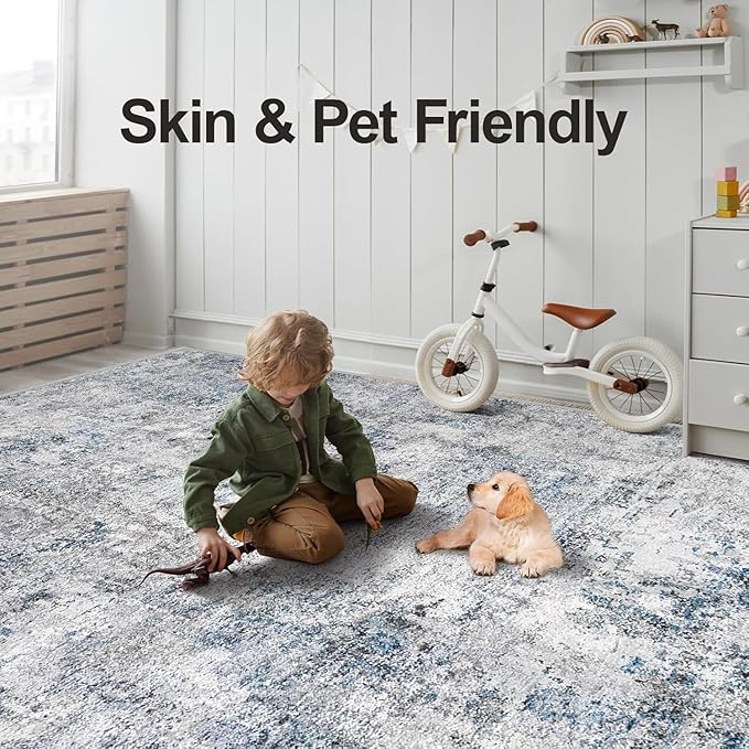 12x12 Square Living Room Area Rug - Washable Large Non-Slip Rug Modern Abstract Floor Carpet Neutral Thin Low-Pile Indoor mat for Bedroom Dining Room Playroom (Blue Gray,12x12)
