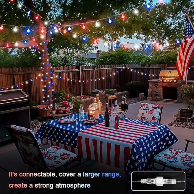 JMEXSUSS Connectable 33ft 100 LED Red White and Blue Lights Indoor Outdoor | 4th of July Decorations Light Plug in, 8 Modes Globe String Lights with Remote for Independence Day Party Patriotic Decor