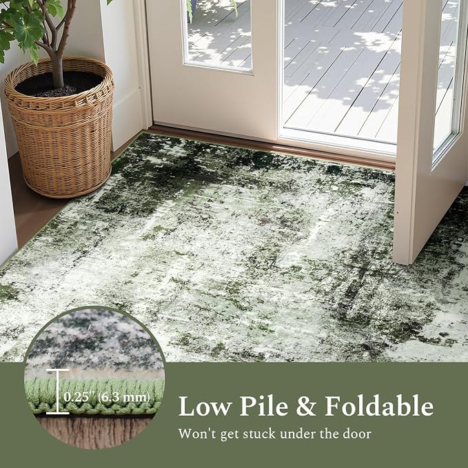 Rugflix 8x10 Area Rugs for Living Room, Washable Large Rug Stain-Resistant Low Pile, Modern Dark Carpet for Dining Room Home Office Kid Room Nursery Bedroom, Dark Green