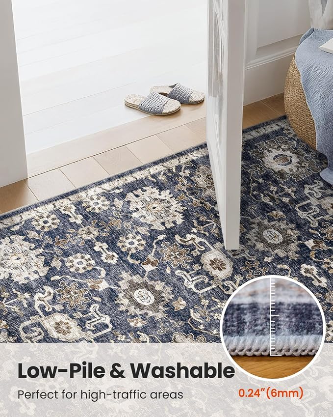 AMADA HOMEFURNISHING 2'6"x8' Washable Area Rug, Low-Profile Entryway Rug with Non-Slip Backing & Durable Edge Binding, Vintage Rug Pattern, Small Rugs for Entryway, Kitchen & Living Room