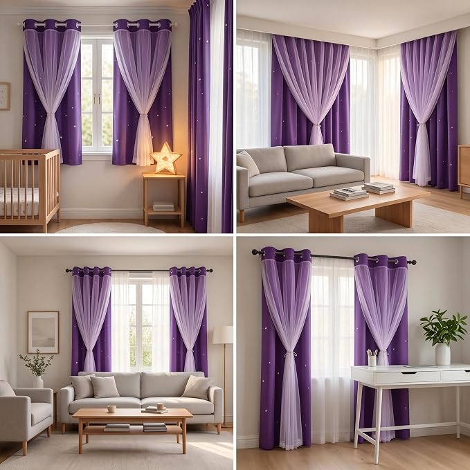 Kids Blackout Curtains for Bedroom/Living Room/Classroom, Sheer Overlay 2 Free Tiebacks, Double Layer Curtains with Star Cutout for Kids Room(Each Piece W 70 x L 95 Inches 2 Pcs Purple)