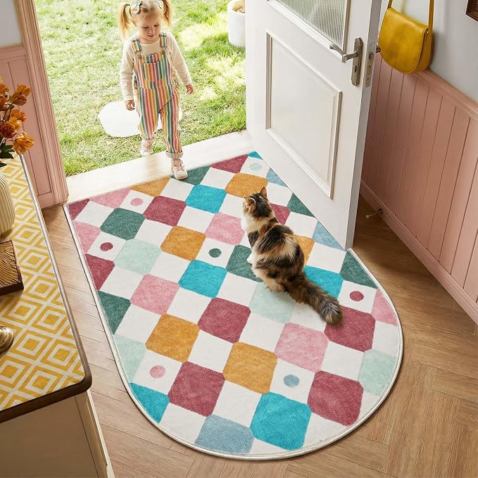 jinchan Macy Arched 3x5 Washable Kids Area Rug, Modern Colorful Checkered Diamond Rug for Nursery Bedroom Study Corner, Soft Low-Pile Non-Slip Doormat Dirt Trapping Chair Mat, Confetti on Cream