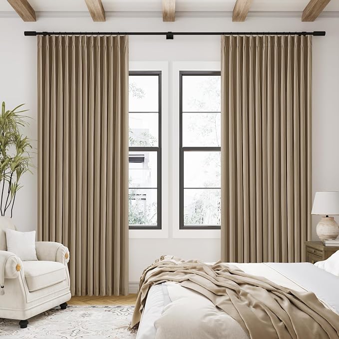Copper Brown Pleated Linen Blackout Curtains 102 Inches Long for Bedroom Living Room Pinch Pleat Black Out Thermal Insulated Ring Hooks Room Darkening Drapes Tan Coffee Curtains with Liner 40x102