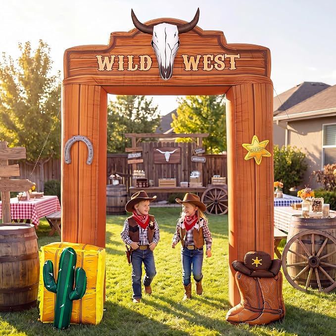 Seenelling 9 ft Western Cowboy Giant Inflatable Archway Decoration Brown Wild West Theme Arch Built-in LED Lights for Birthday Western Event Festival Entrance Outdoor Supplies